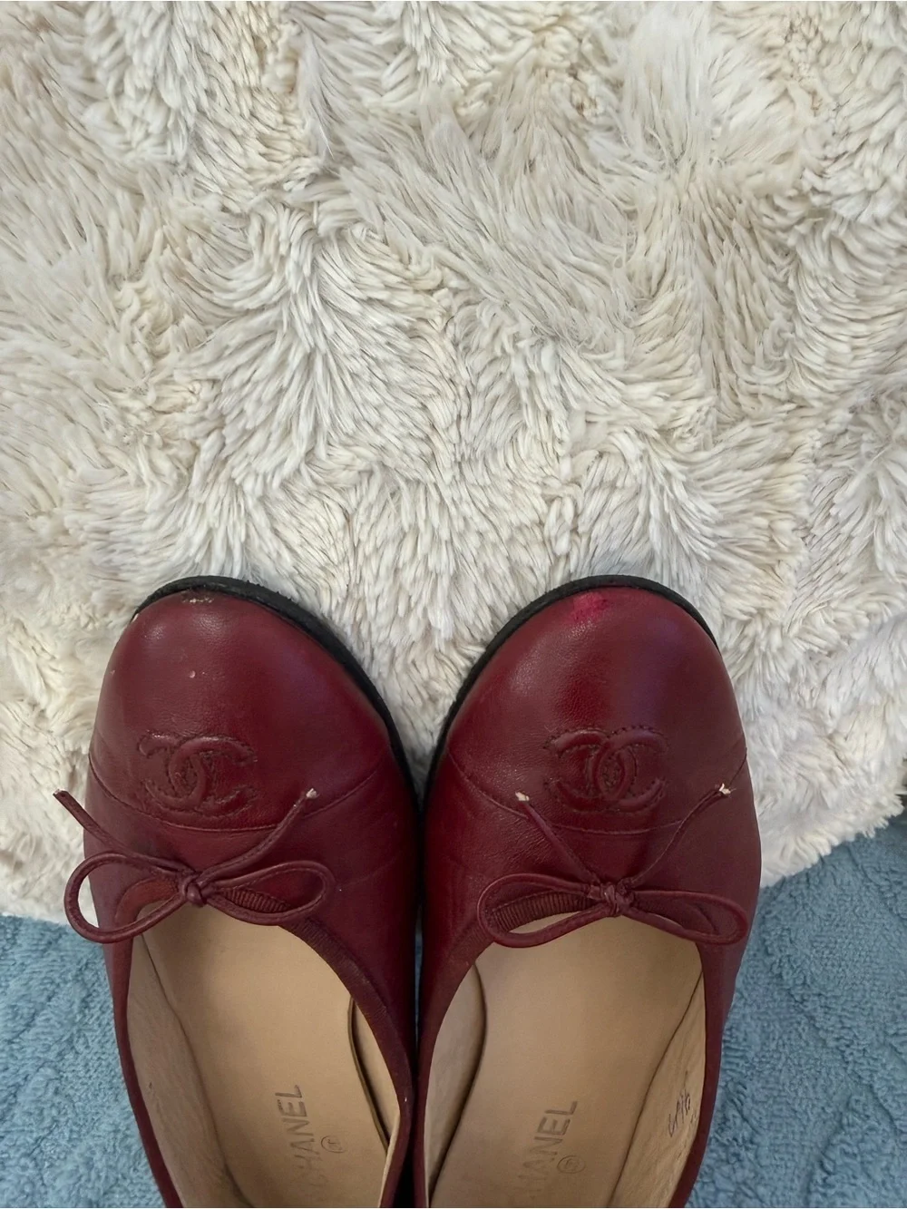 CHANEL Burgundy Leather Ballet Flats with CC Toe Emblem